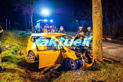 Zufällig vobeifahrender Rettungswagen entdeckt Wrack: Pkw kracht gegen Baum - Fahrer eingeklemmt - Feuerwehr schneidet verletzten Fahrer aus dem Wrack